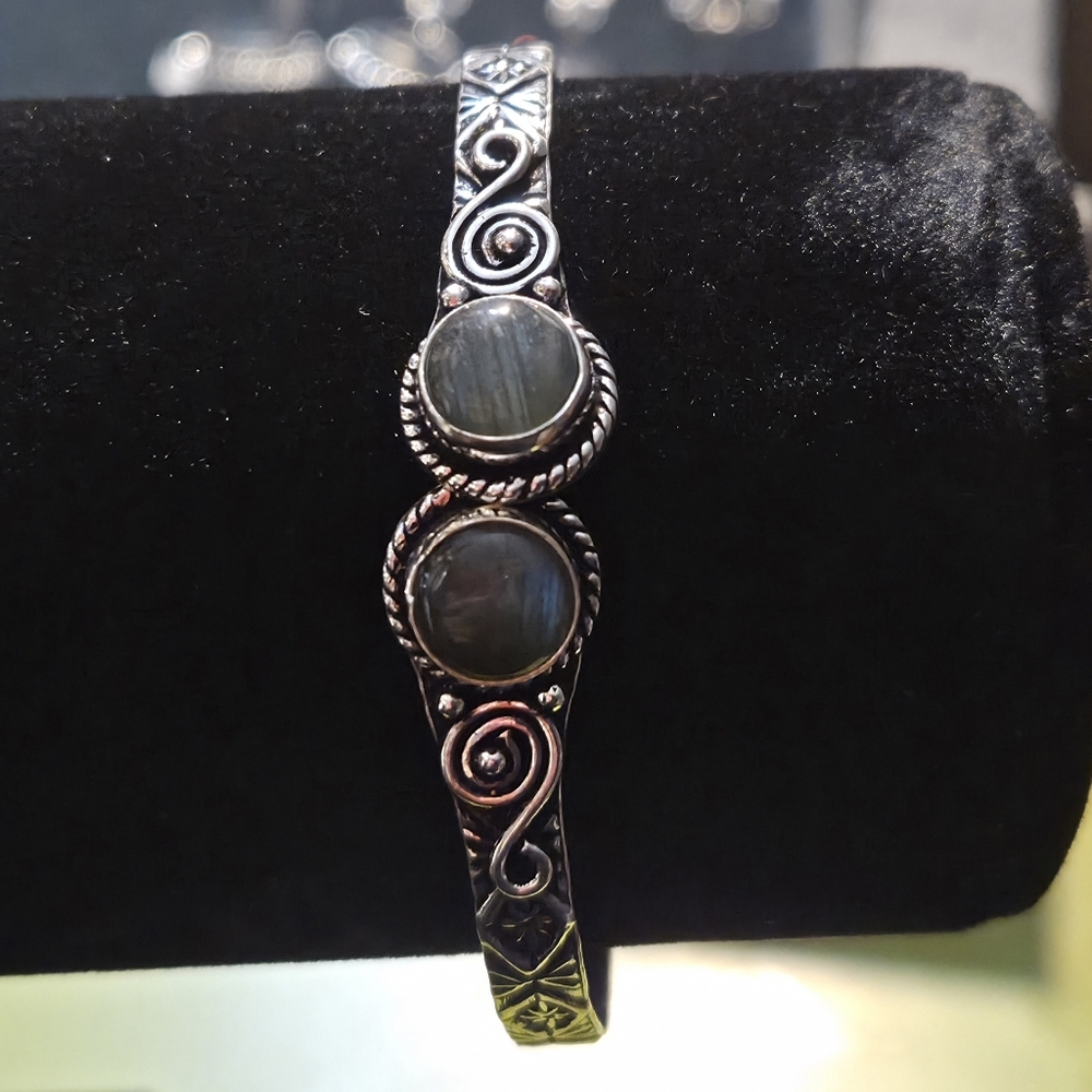NWOT Natural Labradorite and Silver Adjustable Cuff Handmade Bangle Bracelet